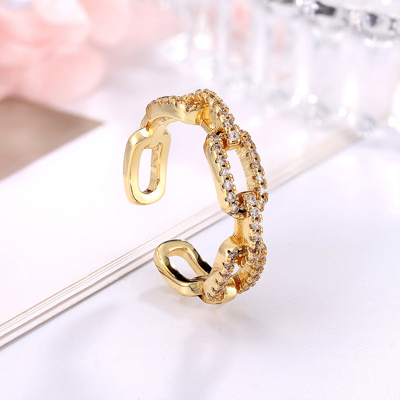 Adjustable Gold Tone Zircon Chain Ring For Women Ladies With Micro Inlaid CZ Jewelry Gift Ready Everyday Shine