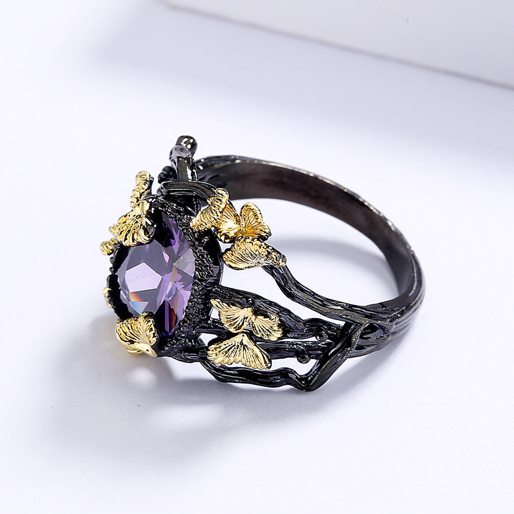 Womens Natural Stone Flower Ring Black Gold Plated Brass Jewelry Statement Durable High Quality Accessory Chic