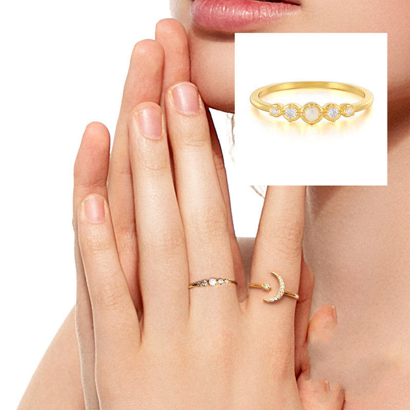 Sterling Silver Ring With Opal And Diamond Inlaid Geometric Gemstone Gold Tone S925 Jewelry For Her Luxe Style