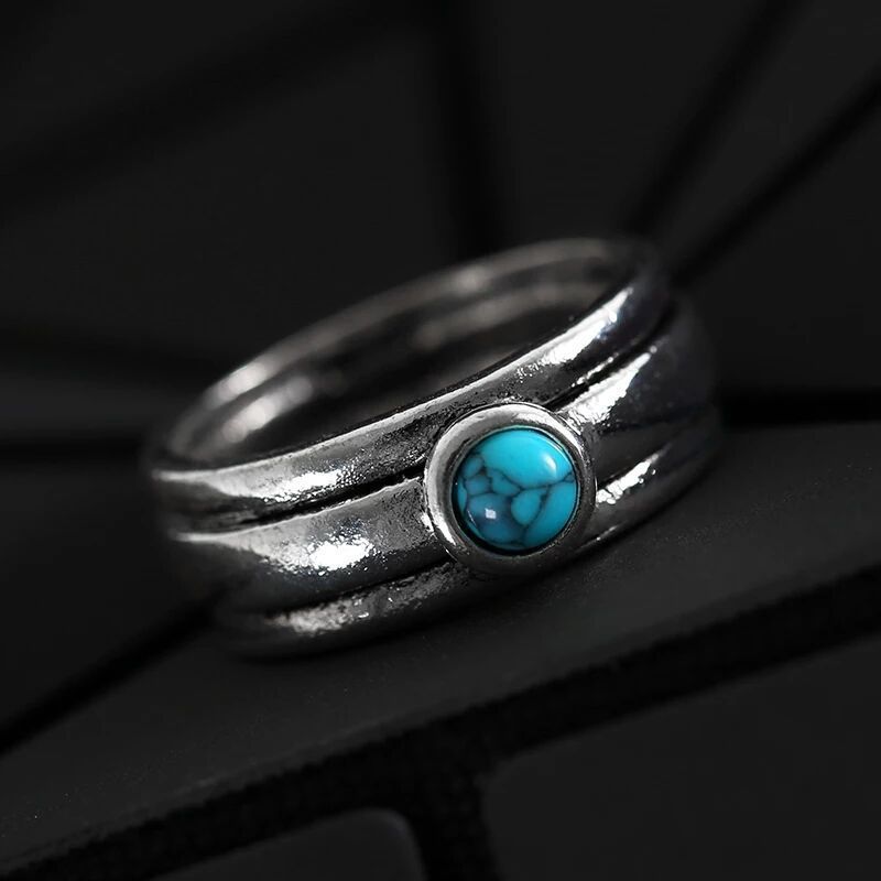 Womens Bohemian Ring Retro Carved Alloy Ring Electroplated Striped Blue Pine Design Fashion Statement Jewelry Turquoise