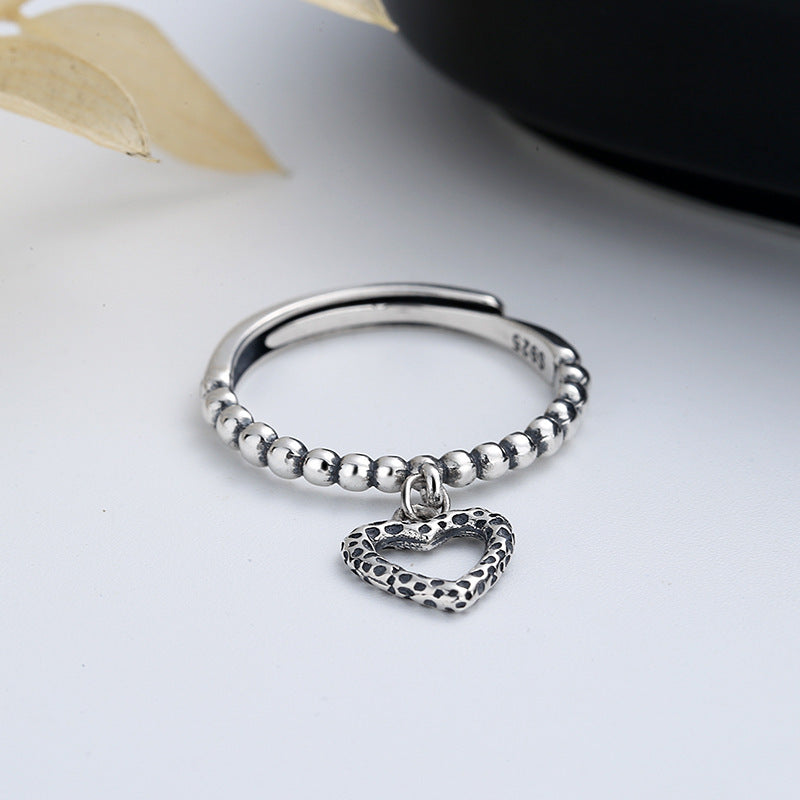 Silver Heart Ring Pendant Retro Korean Style Love Ring Individually Packed Festival Gift Silver Heart Festival