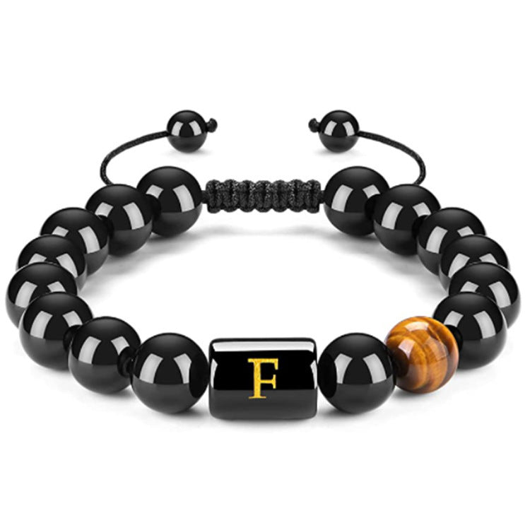 Mens Natural Black Agate 10mm Beads Handmade Initial Letter Bracelet Personalized Gift for Men Letter A Shape Letter