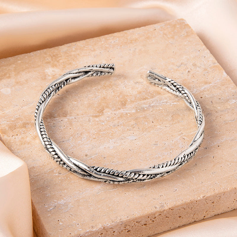Vintage Twist Braided Open Bracelet Or Geometric Bangle For Women Or Men Fashion Zinc Alloy Silver Bangle 6 cm