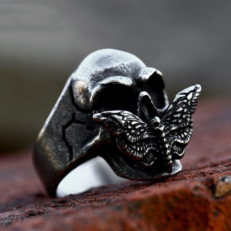 Stainless Steel Moth Skull Ring Bold Gothic Jewelry For Men With Polished Finish And Large Statement Style Casual