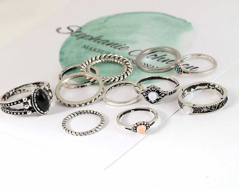 Geometric Alloy Ring Set 12 Pieces Turquoise Twist Lines Electroplated Finish Fashion Jewelry Geometric Design