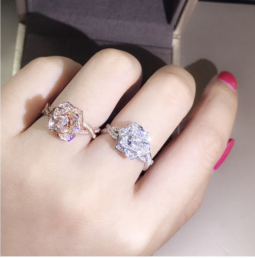 Rose Gold Plated 18K Simulated Diamond Ring For Women Classic Wedding Jewelry CopperBaseMosaic Style With Gems