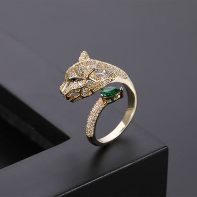 Leopard Head Ring Micro Set Gold Plated Adjustable Opening Copper Jewelry For Women Elegant Dainty Unique Gift