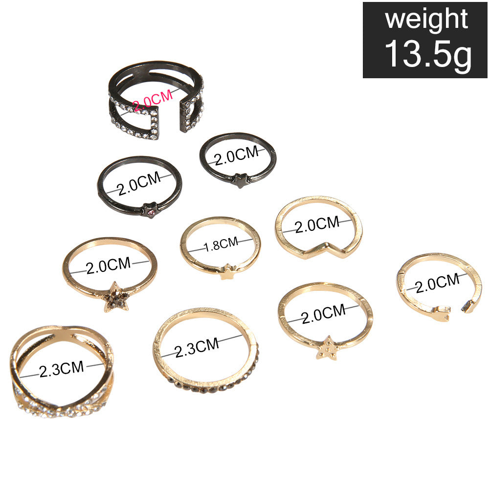 Wave Ring Set Five Pointed Star Design Alloy Stacking Rings Gem Inlays Geometric Electroplated Jewelry Set Gems
