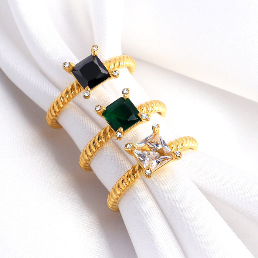 Square Zircon Twist Stainless Steel Ring Unisex Transparent Black Emerald Jewelry Style Gift For Her Anniversary