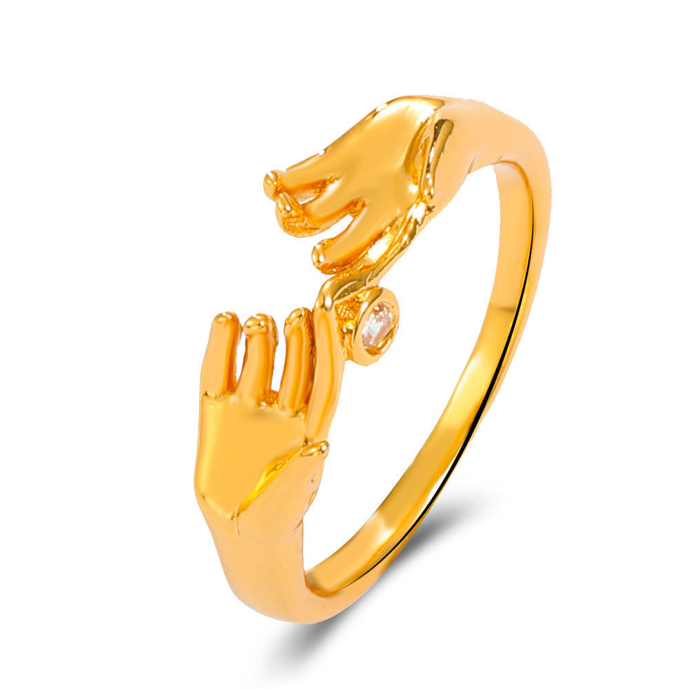 Vintage Hugging Hands Ring Vintage Electroplated Band With Zircon Stone Geometric Design Love Ring Birthday As