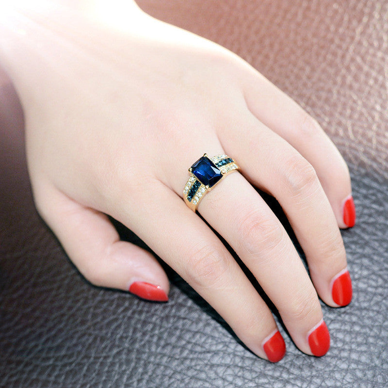 Gold Plated Ring With Blue Gemstone Inlaid Geometric Design For Women European American Style Jewelry Accessory