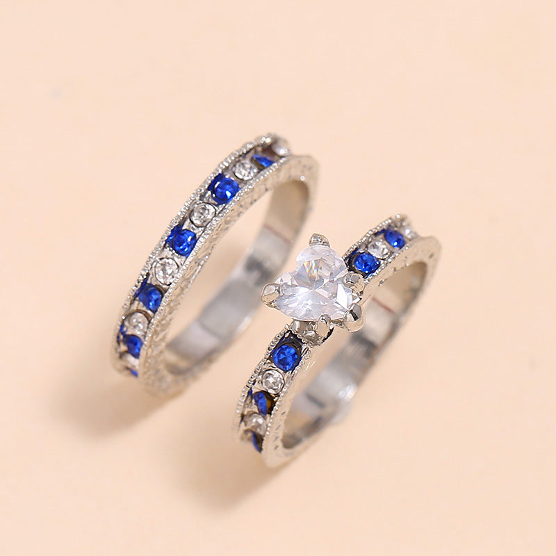 New Simple Retro Two Piece Set Diamond Love Heart Shape Ring For Unisex KC Gold Sapphire Blue Alloy Ring X2pcs