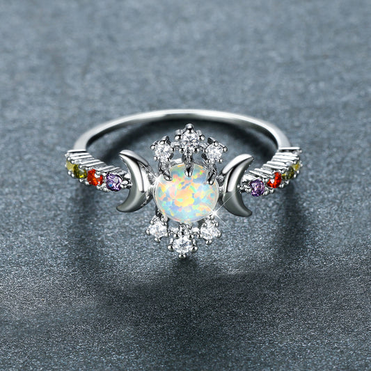 Round Glossy Double Moon Edge Set With Fancy Diamonds Opal Ring In White Gold Size 6 7 White Diamonds New Opal