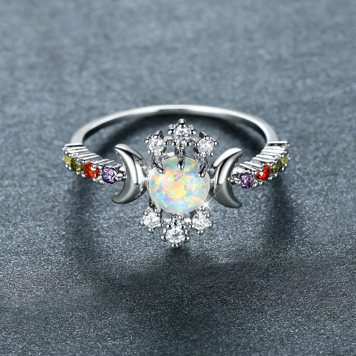 Round Glossy Double Moon Edge Set With Fancy Diamonds Opal Ring In White Gold Size 6 7 White Diamonds New Opal