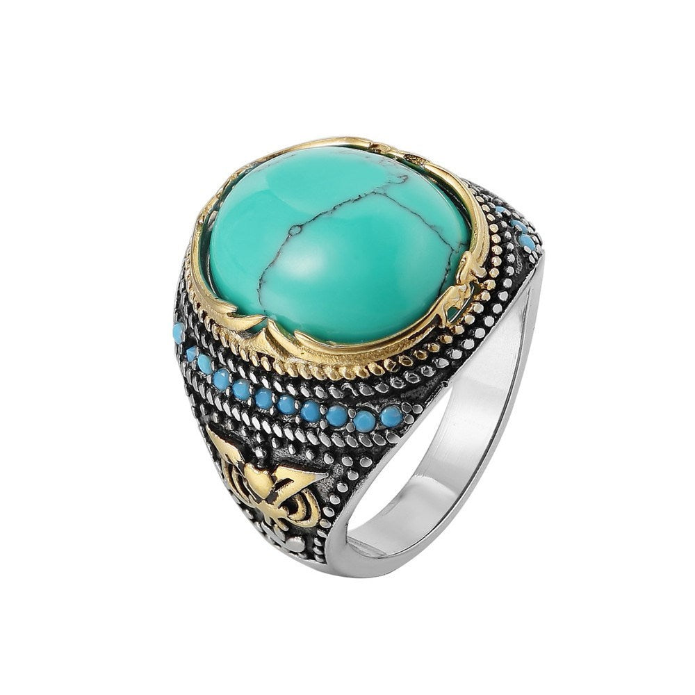 Mens Stainless Steel Wedding Band Punk Ring Round Fashionable Exquisite Turquoise Inlaid Rings Polished Finish