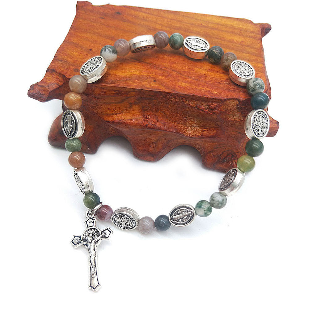 Unisex Rosary Bracelet Indian Agate Cross Beaded Religious Totem Accessory Fashion Jewelry For Men Daily Wear Ready