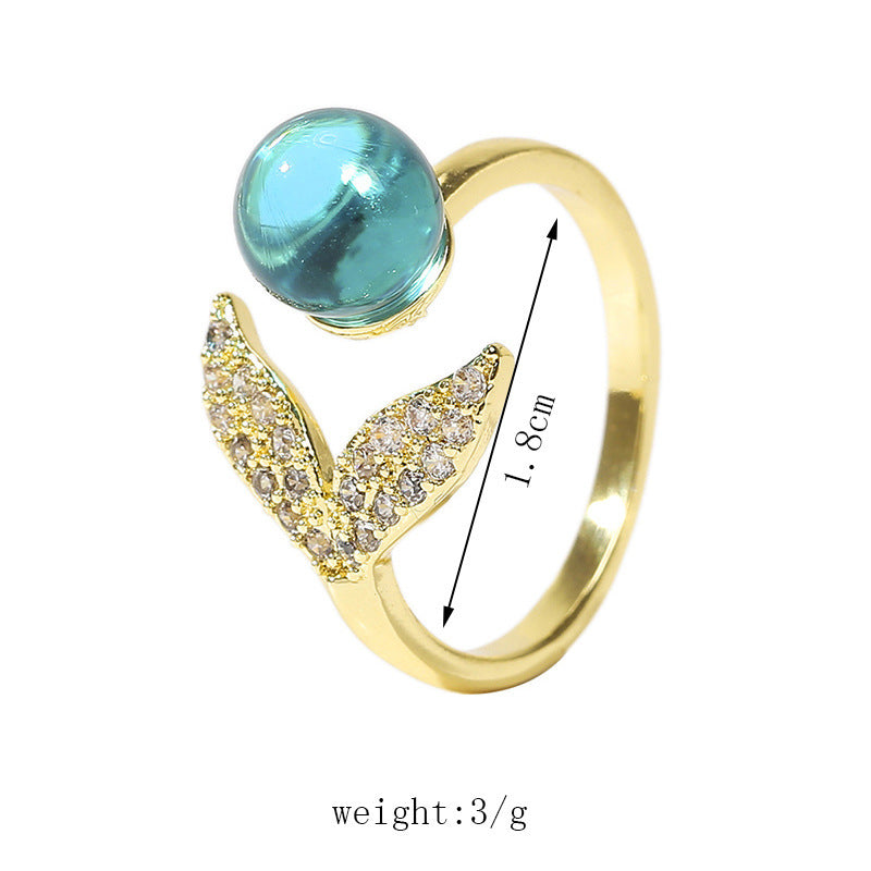 Adjustable Mermaid Tail Ring With Ocean Beads Inlay Copper Gold Alloy Semi Precious Stone Jewelry For Everyday