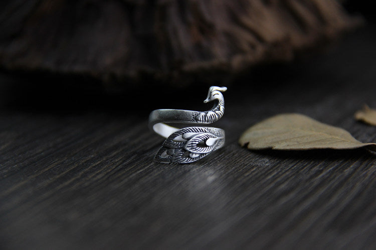 Adjustable Material Opening Silver Peacock Animal Zodiac Ring Fashion Jewelry Gift for Her Vintage Style Sizes