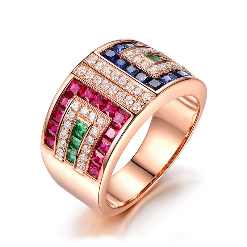 Women Color Zircon Ring Geometric Copper Gold Plated Inlaid Gemstones Semi Precious Stones Cocktail Party Ring