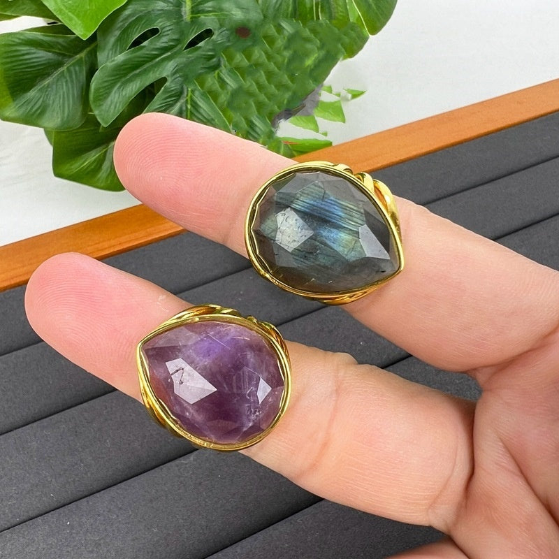 Amethyst Ring Drop Shaped Geometric Design Electroplated Unisex Bohemian Fashion Jewelry For Everyday Wear Collection