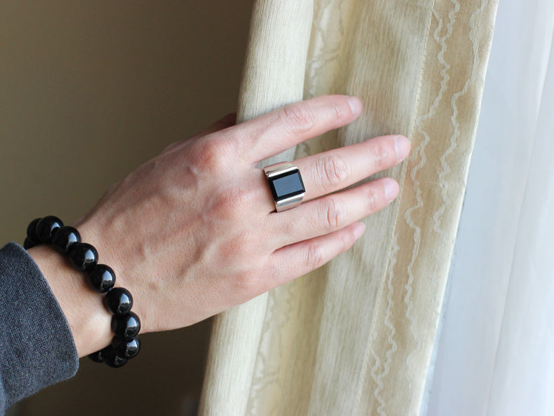 Mens Titanium Steel Ring Obsidian Inlay European American Retro Style Jewelry Gift For Him Obsidian Inlay Gems