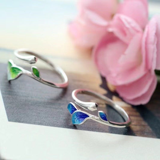 Unisex Adjustable Ring Electroplated Metal Enamel Branch Ring With Flower Design Live Mouth Ring Blue Greenish