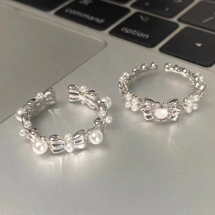 Womens Adjustable Ring With Bow Pearl Geometric Alloy Electroplated Fashion Jewelry Bowknot Finger Ring Elegant