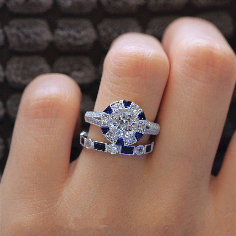 Blue Topaz Diamond Accent Ring Copper Gold Plated Geometric Lovers Promise Gift for Couples Elegant Dainty Keepsake