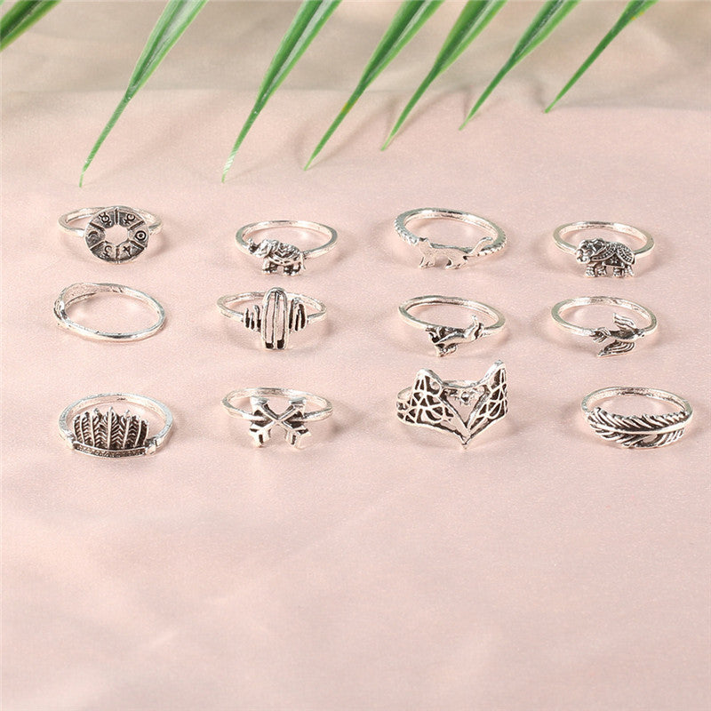 Animal Zodiac Rings Set 12 Pieces Alloy Rings European And American Electroplated Leaf Fox Elephant Retro Jewelry