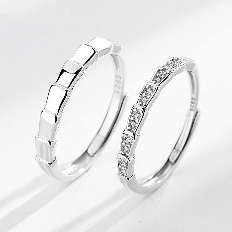 Bamboo Couple Rings Set For Him And Her Adjustable Silver Plated Open Rings Anniversary Jewelry Gift Ins Style