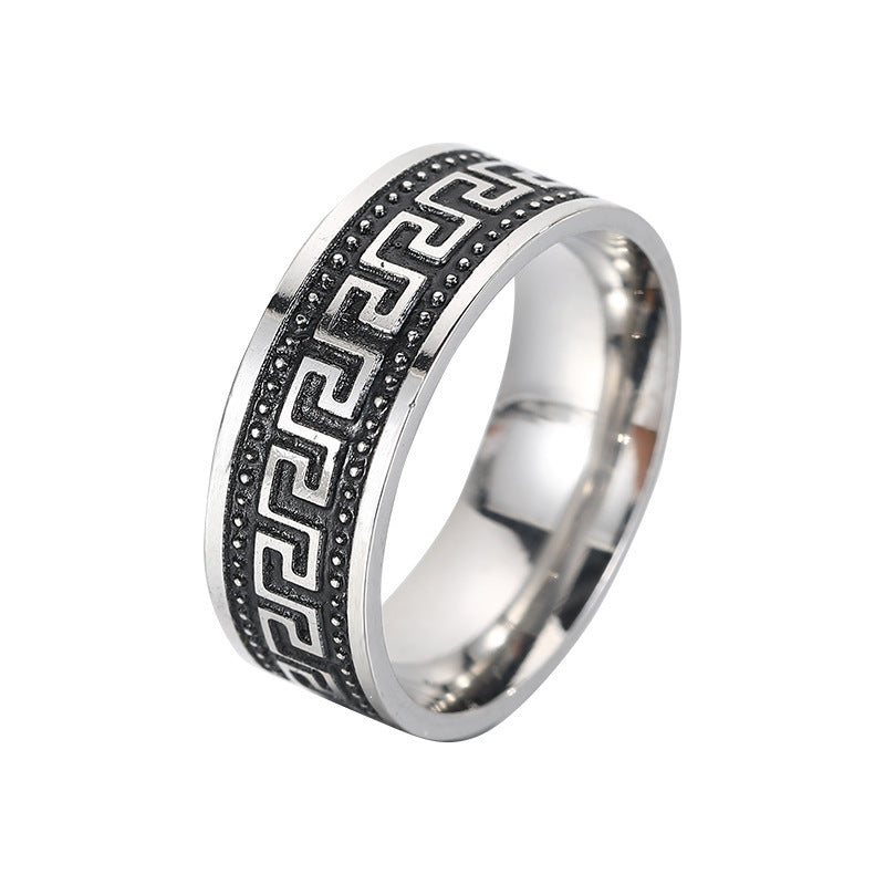 Mens Stainless Steel Ring Geometric Auspicious Patterns Retro Design Durable Daily Wear Party Jewelry Statement