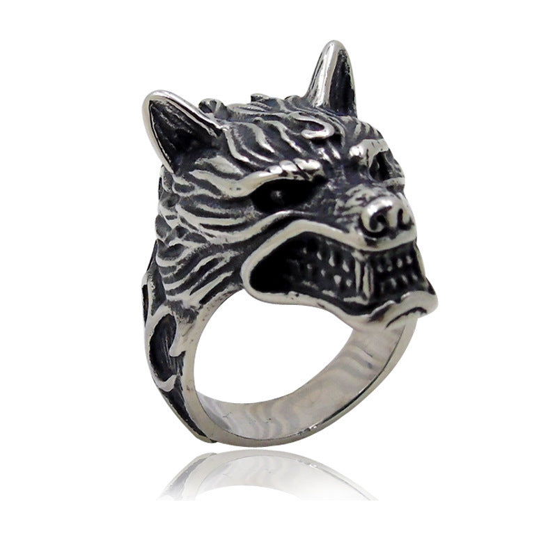 Mens Vintage Wolf Head Ring Giant Animal Style Alloy Silver Finish Statement Ring Antique Silver Toned For Men
