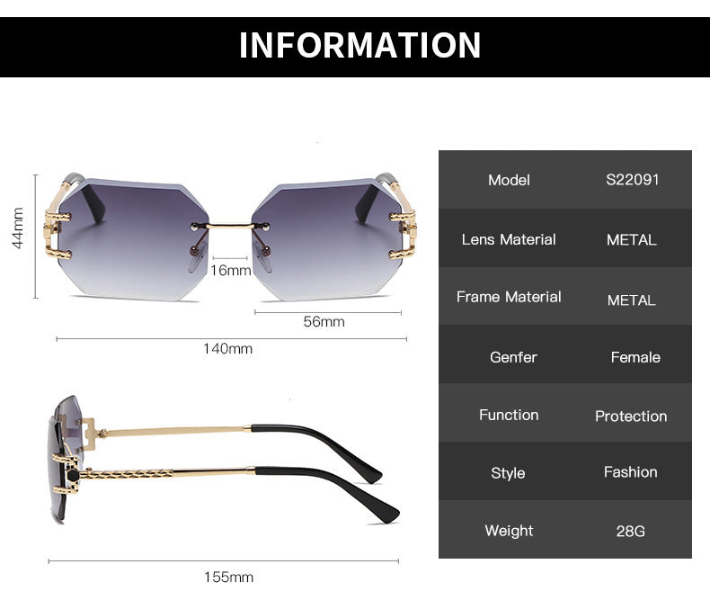 Womens Frameless Polygon Sunglasses Trendy Trimming Metal Frame PC Lens Eye Protection UV Fashion Chic Fashion