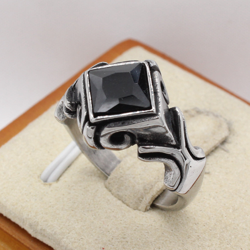 Titanium Steel Ring With Red Stone Retro Gem Accents