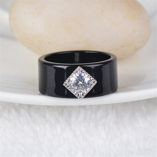 Couple Rings Geometric Alloy Ring Set With Inlaid Zircon Stones Chamfered Square Pattern Elegant Matching Bands Black