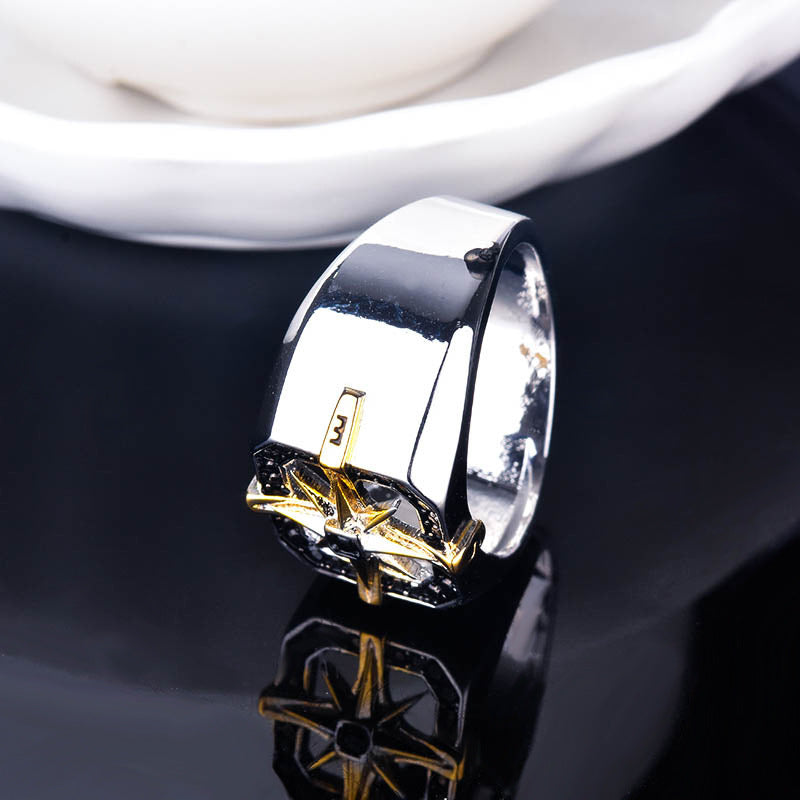 Mens Two Tone Copper Ring Vintage Geometric Compass Seal Design Ring Electroplated Finish Fashion Modern Style