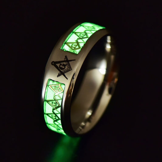 Unisex Glow In The Dark Ring Masonic Pattern Band Handmade Alloy Jewelry Gift for Men and Women Size 7 8 9 10 11
