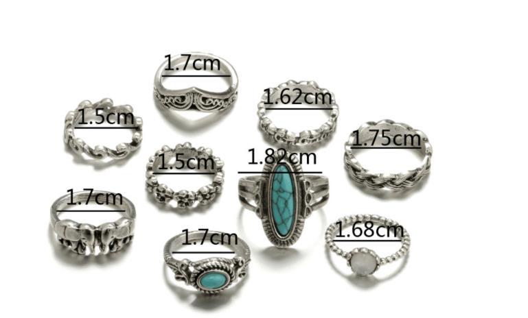 Womens Silver Ring Set With Turquoise Elephant Flower Gem Geometric Retro Ethnic Jewelry Hand Accessories Sets