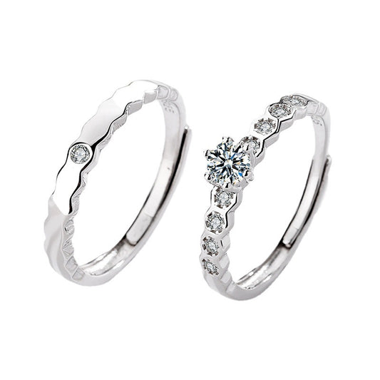 Couple Rings For Him And Her Matching Promise Rings Adjustable Opening 925 Silver Honeycomb Design JewelryGift
