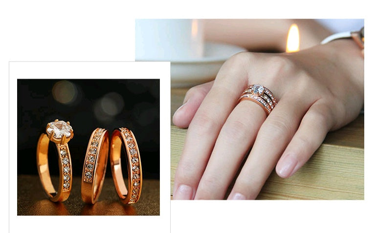 Three Ring Design Inlaid Crystal Zircon Fashion Ring Creative Alloy Plated Jewelry Womens Statement Ring Elegant Party