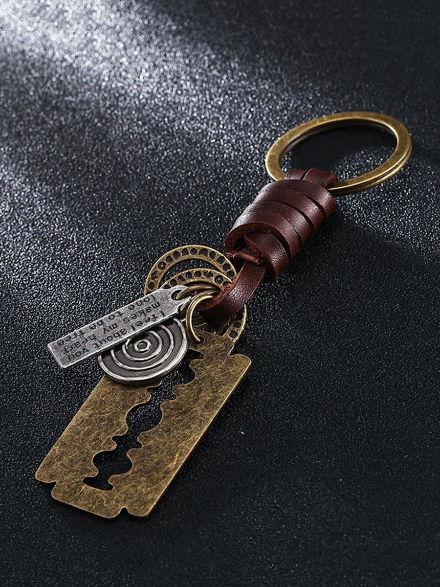 Unisex Cowhide Leather Keychain Retro Rock Angel Wings Alloy Key Ring Accessory for Keys Bags Vintage Style Accessory
