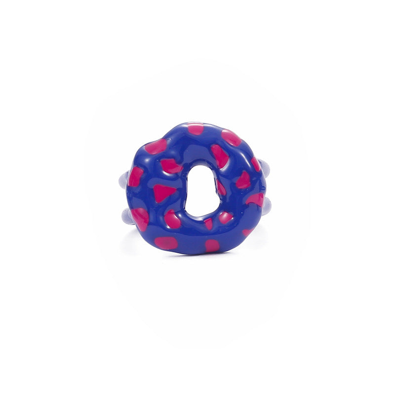 Womens Hand Painted Donut Ring Geometric Dripping Oil Alloy Statement Jewelry Blue White Contrast Stylish Look