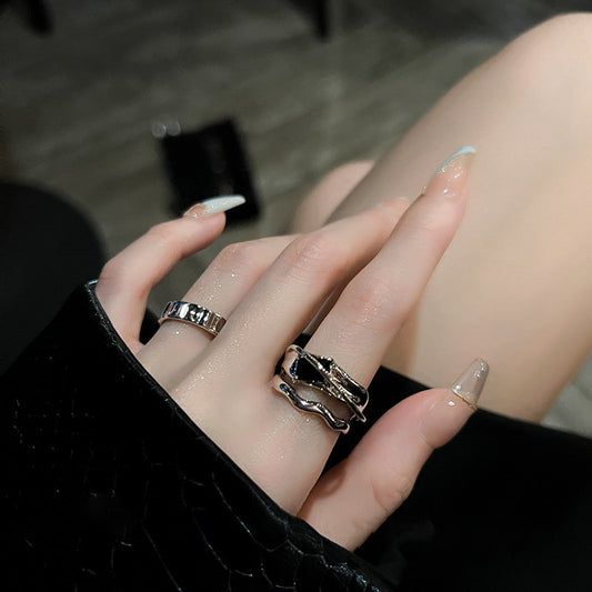 Geometric Metal Ring Set With Black Crystal Accents Stylish Line Design For Women And Girls Two Piece Ring Set
