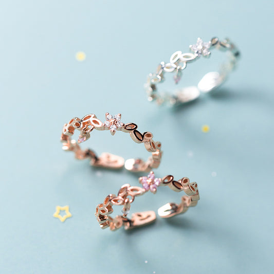Womens 925 Silver Leaf Ring Adjustable Opening Design With White And Pink Diamond Accents In Rose Gold Jewelry