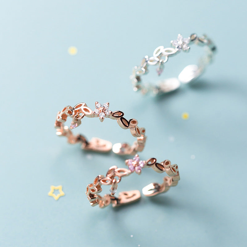 Womens 925 Silver Leaf Ring Adjustable Opening Design With White And Pink Diamond Accents In Rose Gold Jewelry