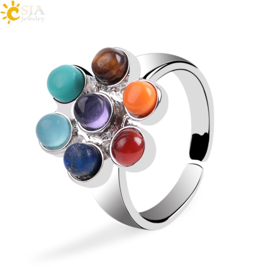 Natural Semi Precious Stone Ring Adjustable Flower Design Copper Alloy Inlaid Gemstone Jewelry Gift Great Gift