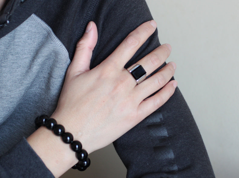 Mens Titanium Steel Ring Obsidian Inlay European American Retro Style Jewelry Gift For Him Obsidian Inlay Gems