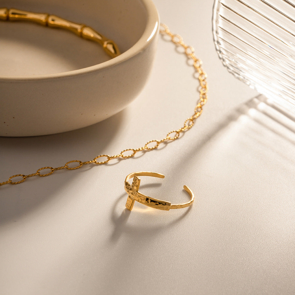 Womens Cross Open Ring Stainless Steel Adjustable Geometric Fashion Jewelry Modern Elegant Statement Piece Lux