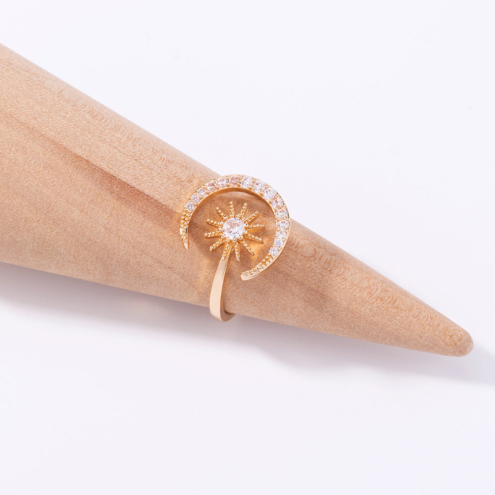 Womens Adjustable Star Moon Ring Zircon Copper Jewelry