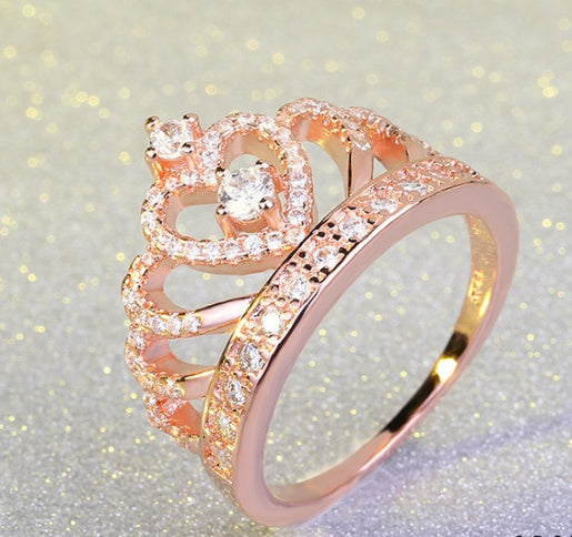Princess Style Cubic Zirconia Hollowing Heart Silver Rose Gold Crown Ring Jewelry for Party Engagement Wedding